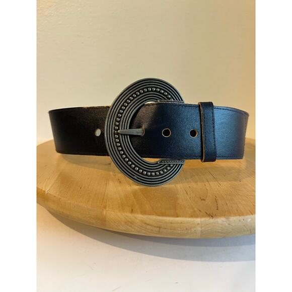 Vintage Chunky Silver Buckle Midnight Blue Leather Wide Belt Size Small